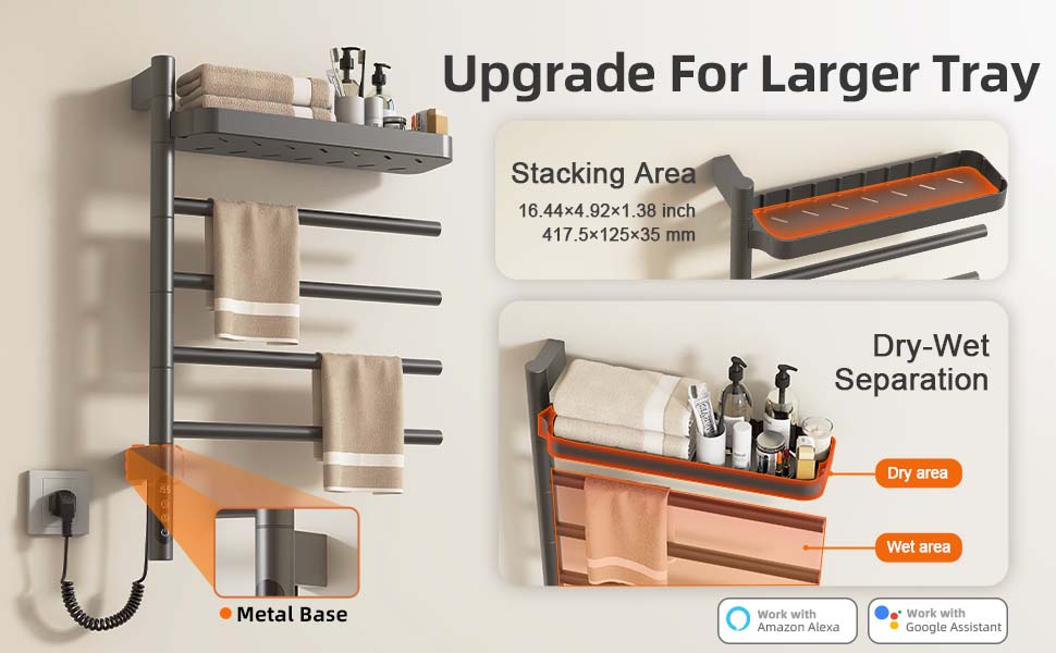 SIOYIE Smart Rotating Heated Towel Rack For Bathroom, Wall-Mounted Electric Towel Dryer With Swivel Bars & Shelf, Smart Timer, Low Carbon Steel, Plug-in/Hardwired, Towel Warmer With Wi-Fi App Control_voghion.com